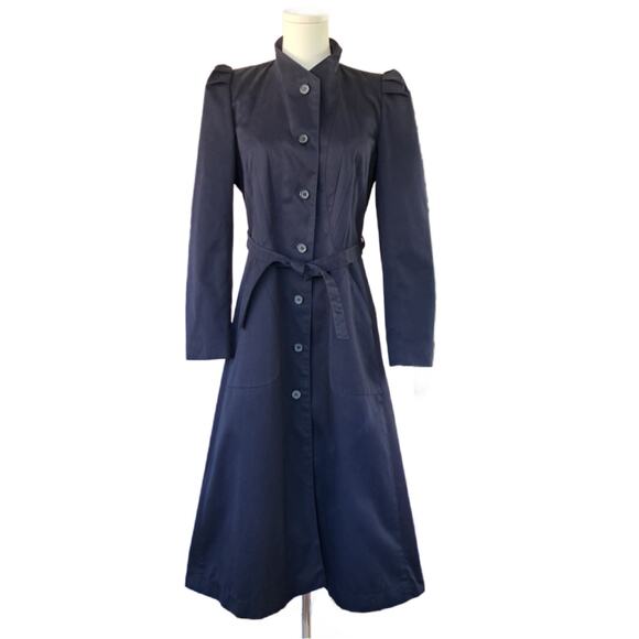 VINTAGE Princess Fit & Flare Midi Long Trench Coat Navy Puff Sleeve *fits small - Picture 2 of 13